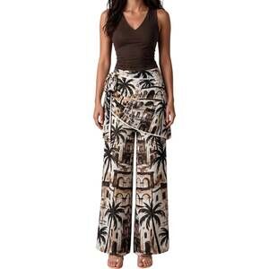 NEW HER BOTTARI scarf-style high-waisted wide leg pants in brown multli